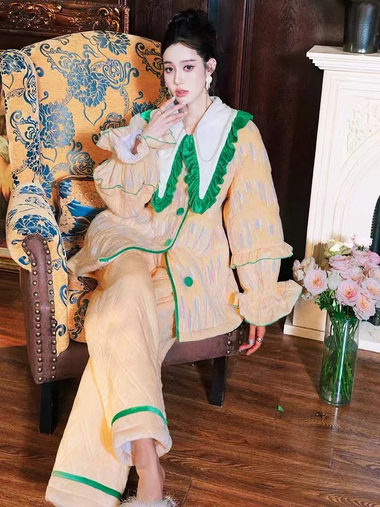 ANNZ原创秋冬女士三层加厚加绒保暖睡衣