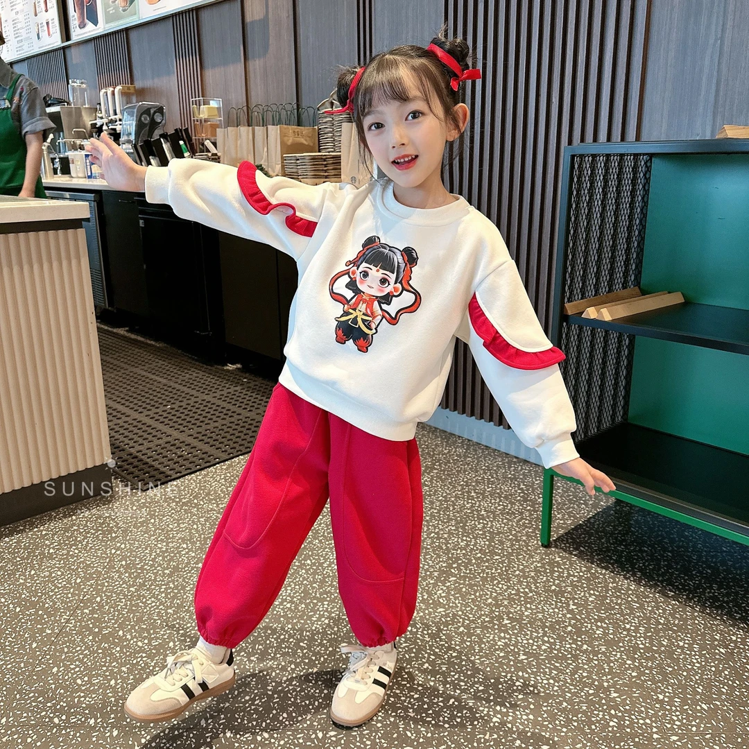 女童卡通哪吒花边卫衣套装春秋2025新款洋气女孩时髦春装两件套潮