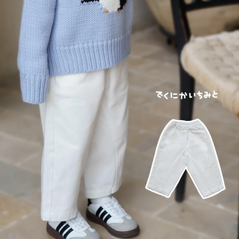 AnnieGirl春季新款斜纹棉布直筒裤白色长裤男女童纯棉休闲裤2025