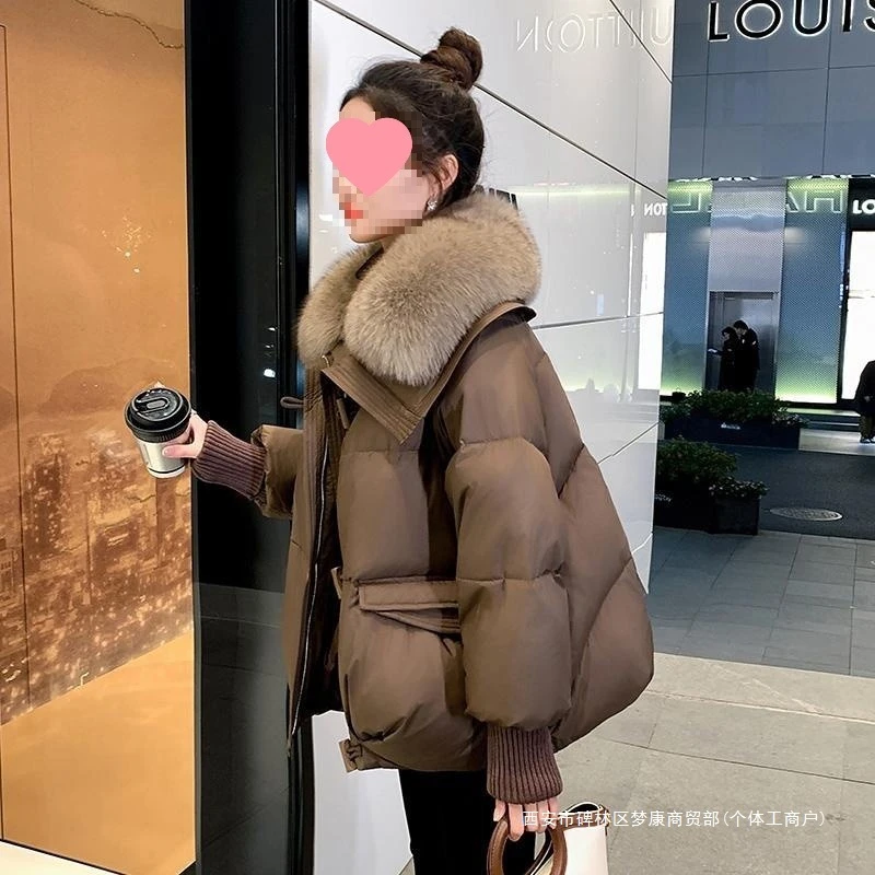 跨境短款羽绒服女年冬季新款时尚洋气小个子白鸭绒大毛领外套咖色