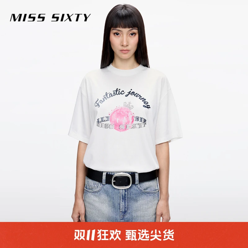 Miss Sixty2025春新款T恤女圆领印花撞色短袖百搭休闲上衣流光风