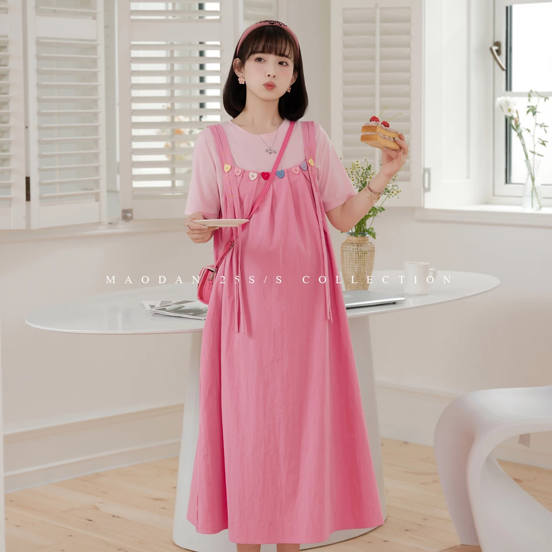 maodan/猫单【糖扣玫玫】孕妇装宽松背带裙方领休闲薄款甜美连衣裙