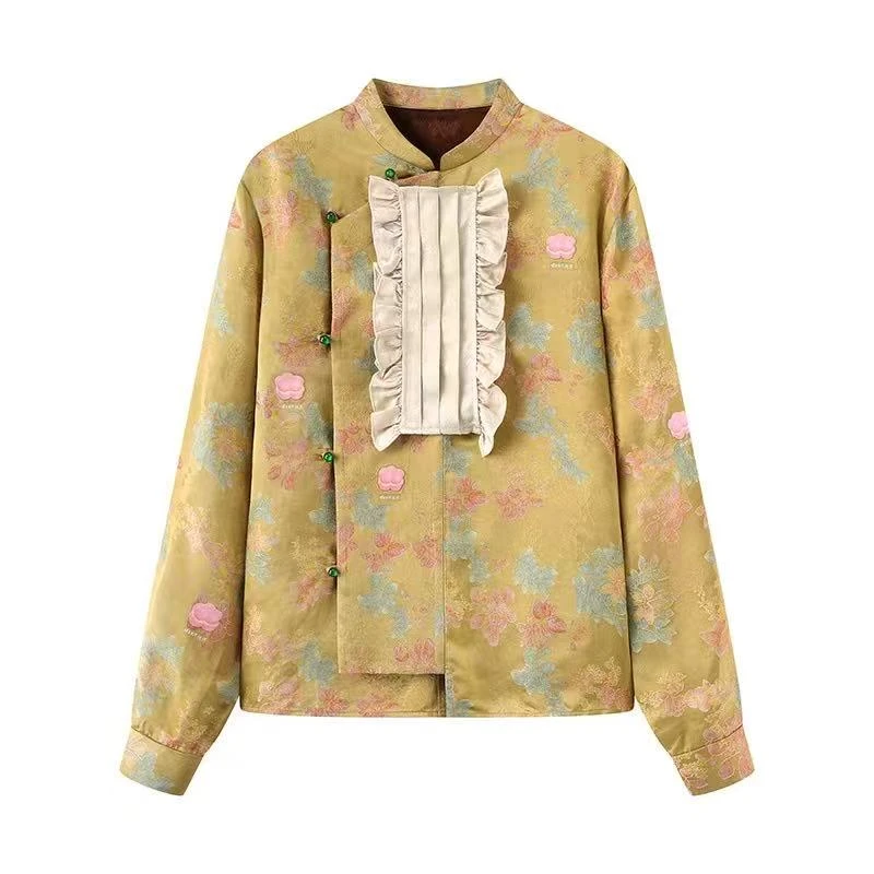 KS 0162-2025春季新款时尚百搭宽松木耳边新中式复古衬衫女