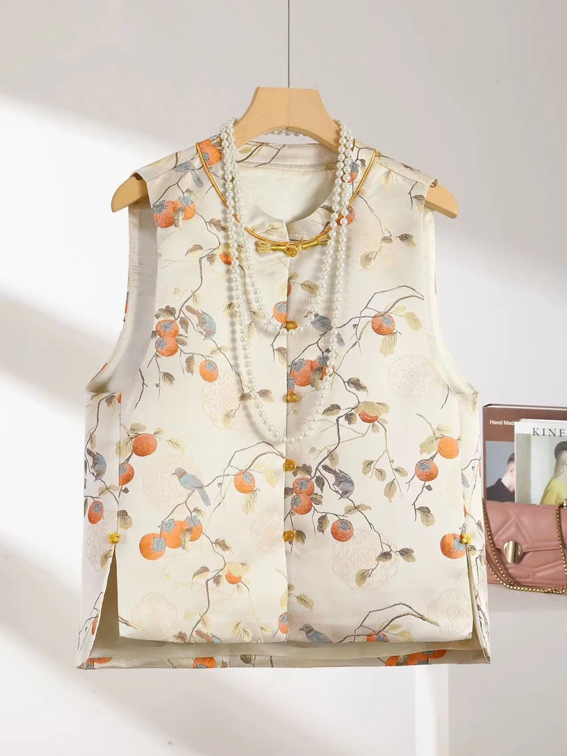 【杮柿如意】新中式缎面提花马夹国风休闲洋气百搭