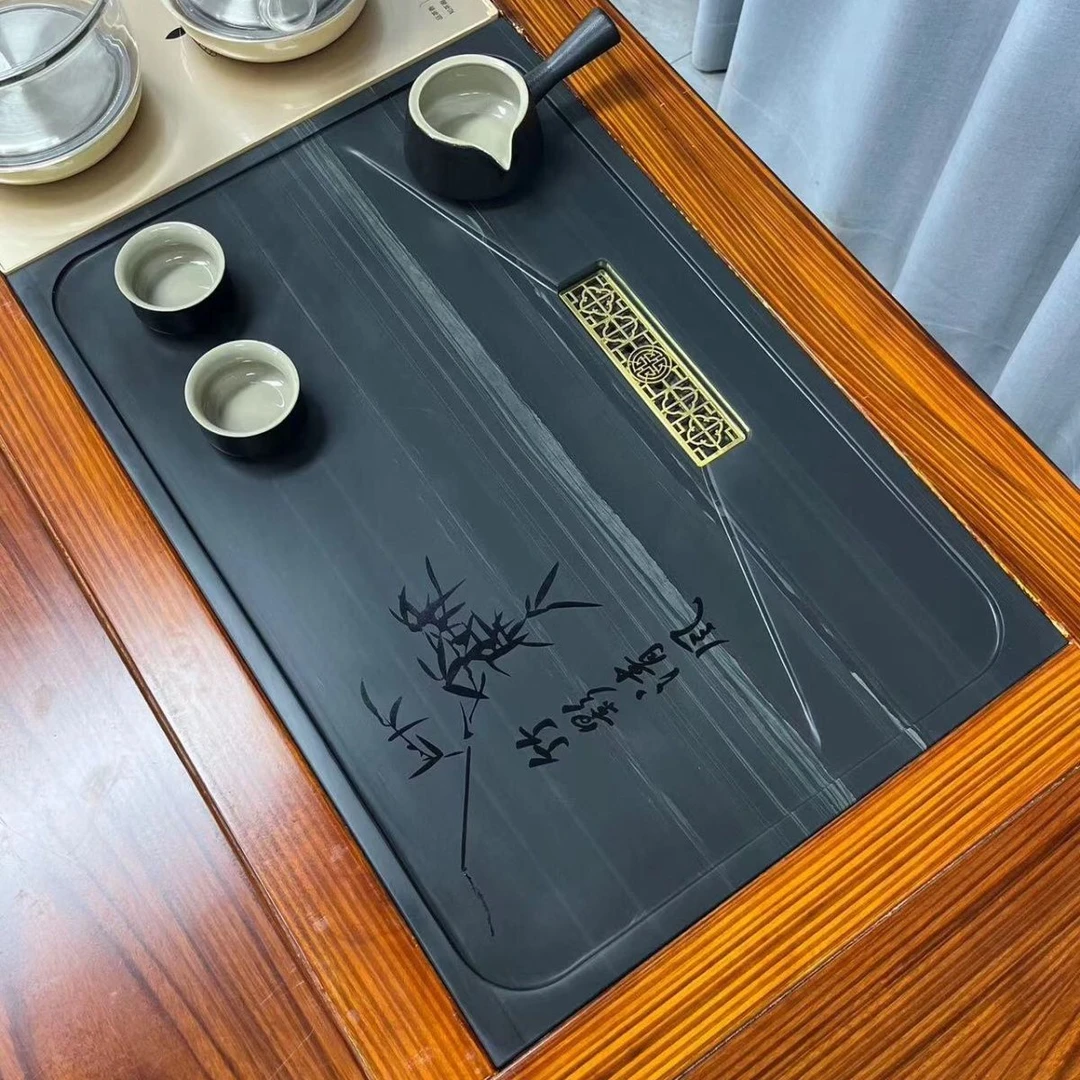 天然皇庭玉石嵌入式茶盘订做规格家用桌面定做尺寸茶桌乌金石茶盘