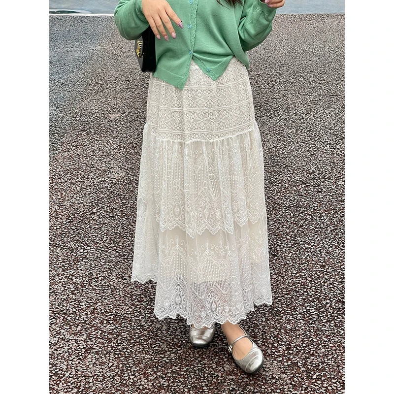 WenWen小个子韩系蕾丝拼接高腰时尚重工艺半身裙A字显瘦2523