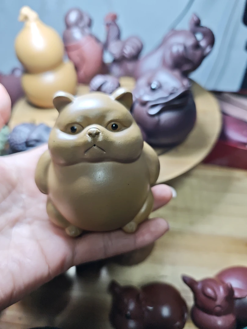 宜兴紫砂茶宠招财小肥猫茶玩摆件