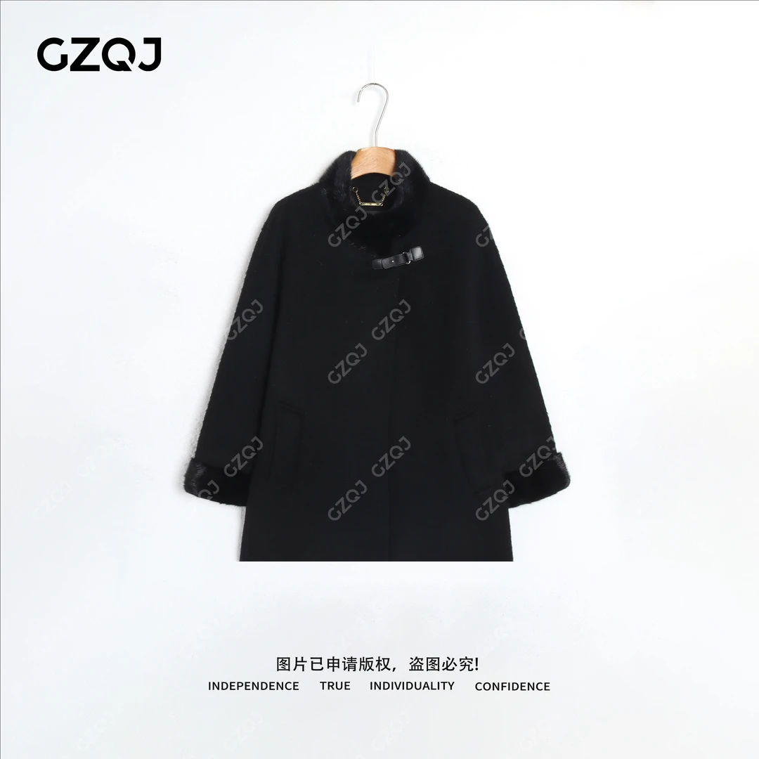 老琴私服【黑貂序曲】绵羊毛羊驼毛拼接水貂毛大衣毛呢外套女冬3629