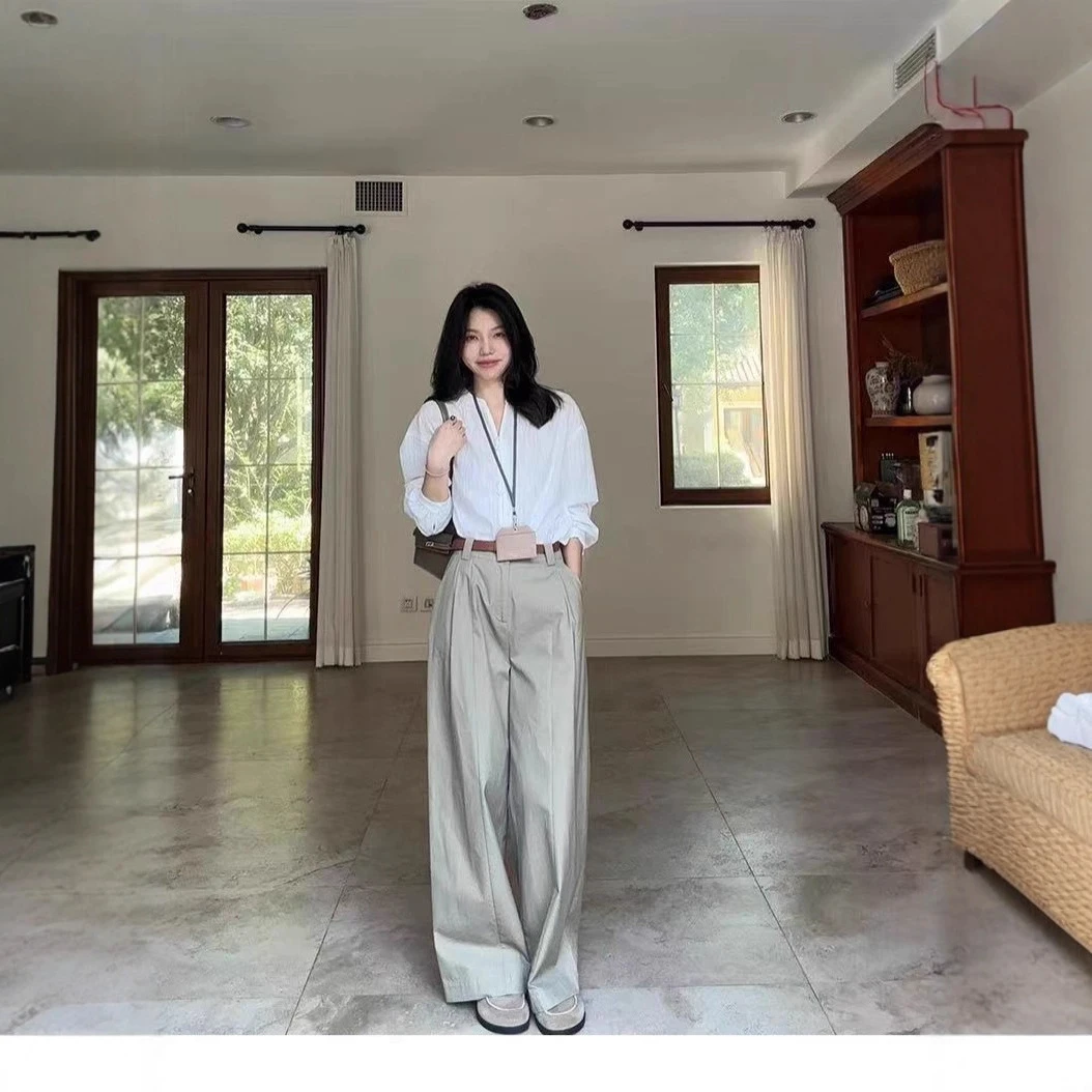 时尚百搭显瘦高腰阔腿裤套装 2025年秋季新款气质通勤风白色衬衫