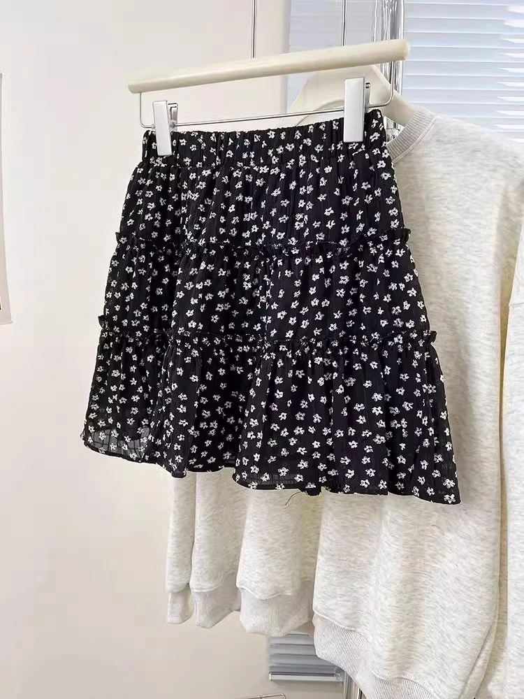 韩系黑色碎花蛋糕半身裙女夏小个子高腰显瘦防走光蓬蓬裙a字短裙