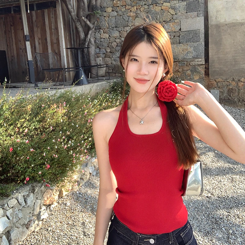 红色挂脖吊带背心内搭女2025新款夏季外穿设计感小众甜辣风上衣