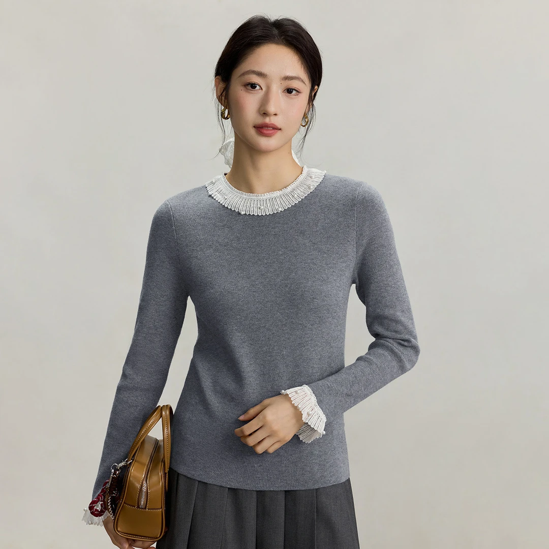 【艾美专属】茵曼蕾丝花边针织衫显瘦打底衫上衣F18548760