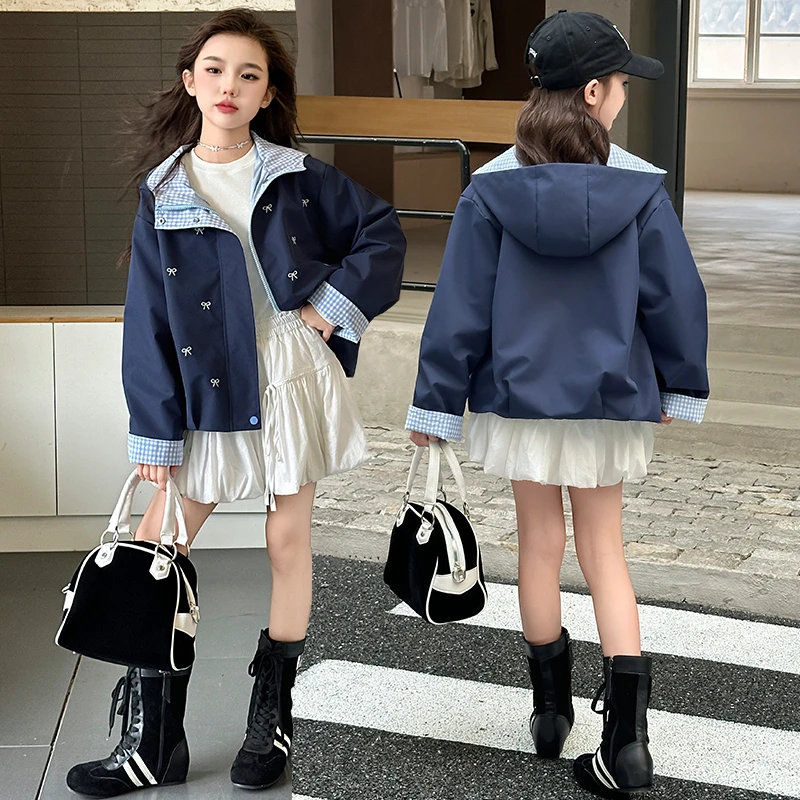 女童外套春秋款2025新款儿童洋气时髦秋装女孩大童秋季连帽上衣潮