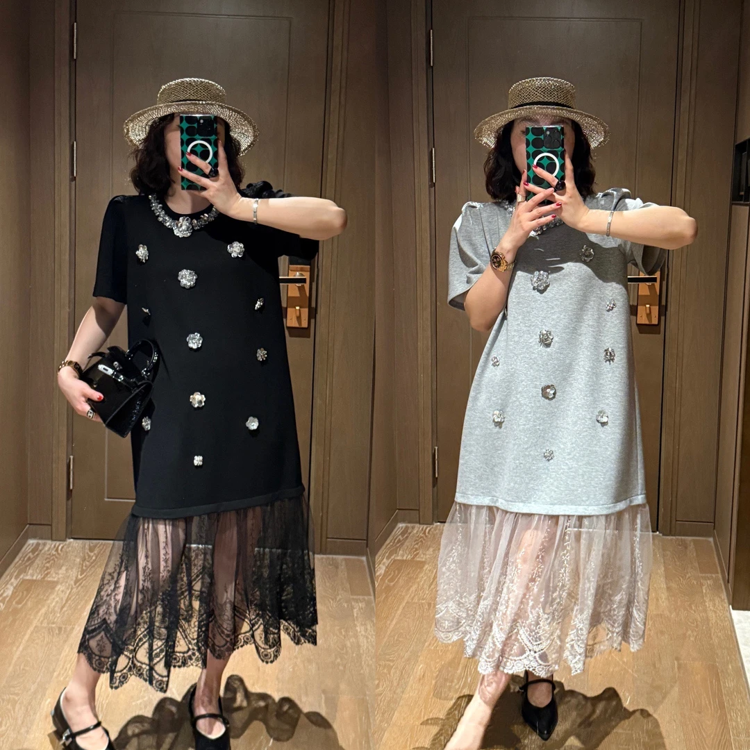 YDFSTUDIO小众【闪耀之星】欧货高品手工立体花朵拼接蕾丝连衣裙女