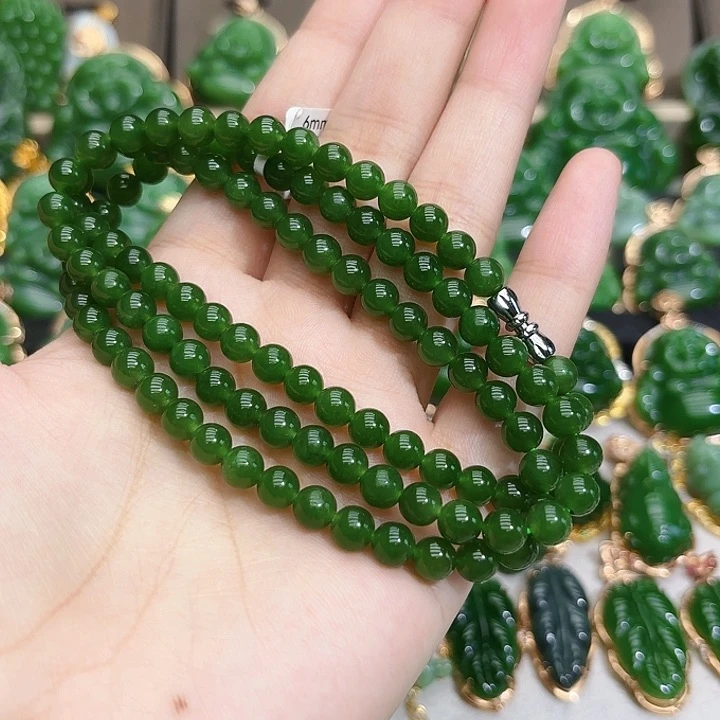 和田玉（碧玉）未镶嵌颈饰卡六阳绿多圈