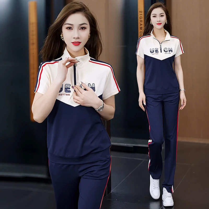 2025新款休闲运动套装女夏季薄款宽松洋气女士拼色短袖长裤两件套