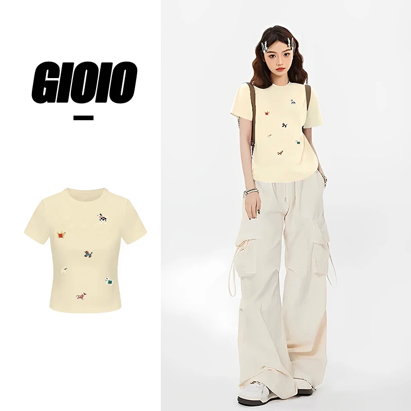 美式卡通穿搭印花显瘦辣妹风正肩短款修身短袖T恤女新款夏季