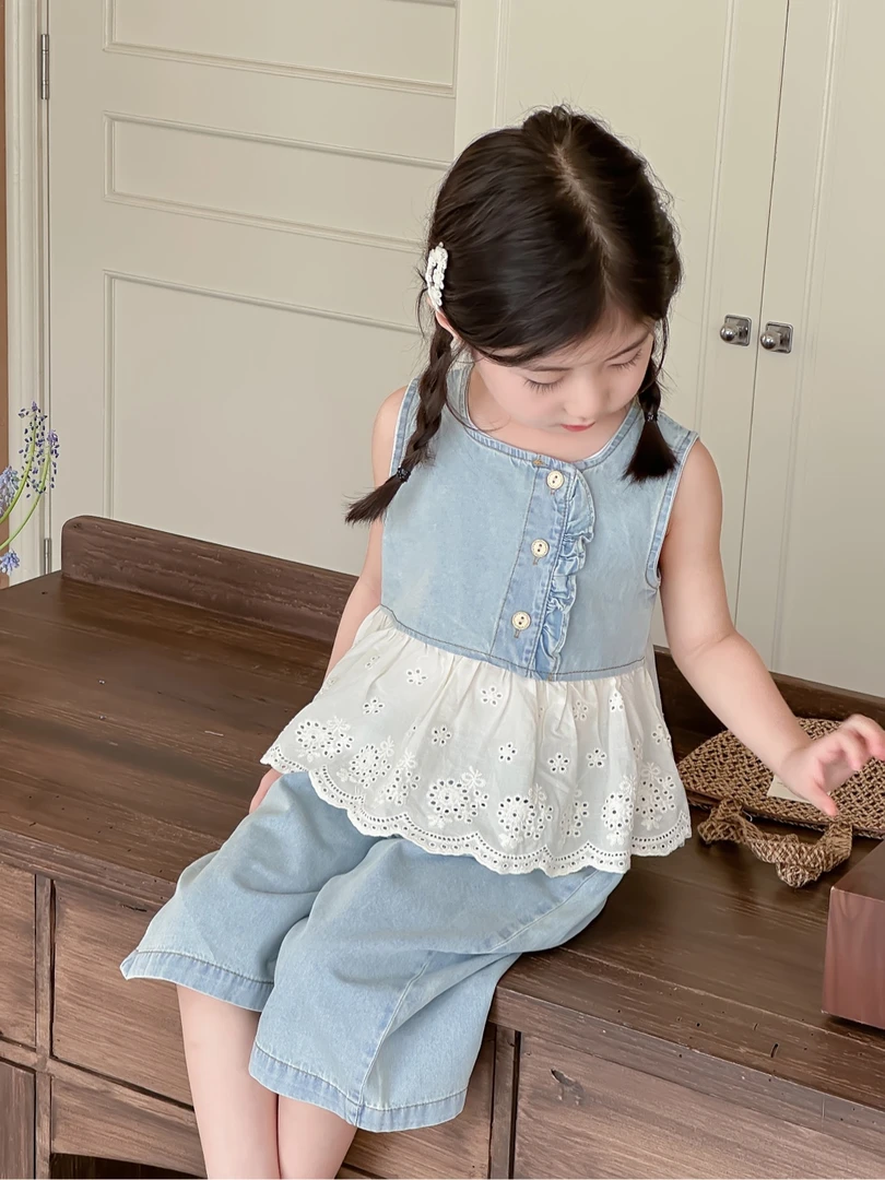 【XTL】2025新夏浅蓝色软牛仔蕾丝刺绣直筒裤套装925