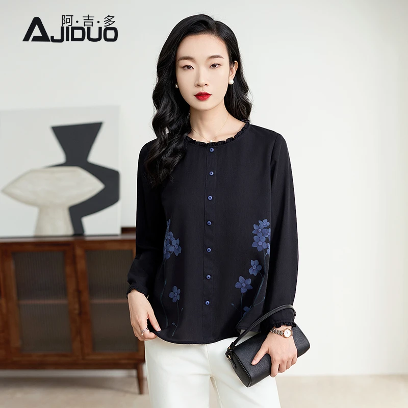 阿吉多黑色长袖雪女秋季新款花边领洋气减龄小衫妈妈大码上衣