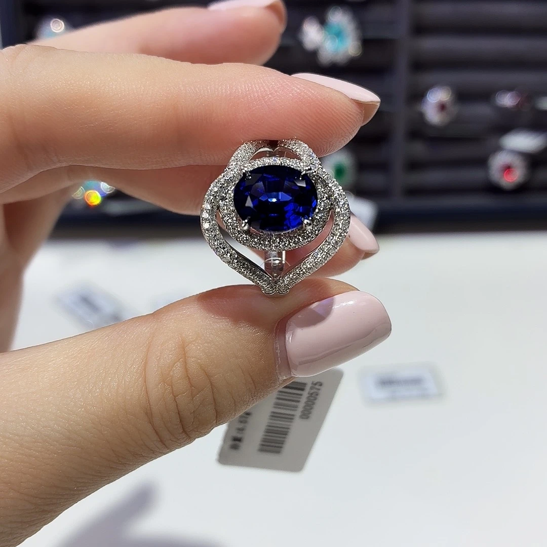 18K金镶嵌合成（培育）蓝宝石戒指/指环18k培育蓝宝石戒指