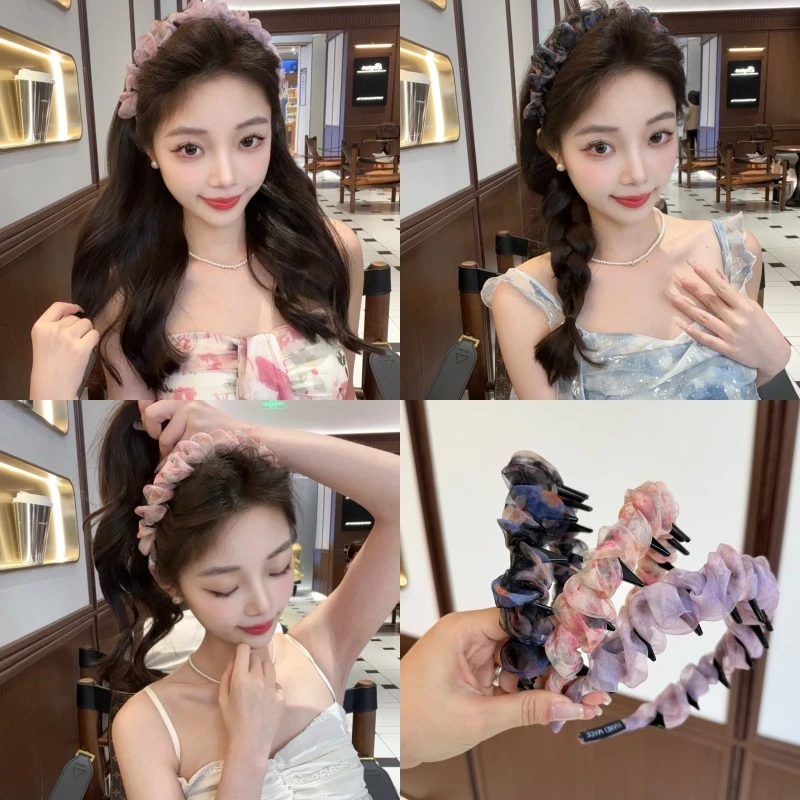 炫彩渐变超仙褶皱网纱波浪发箍女2025新款夏季带齿防滑高颅顶头箍