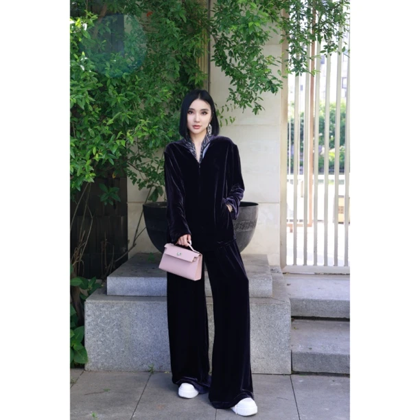 【妙妙精选】HUANGNAJI暮丝绒-紫色气质时尚休闲套装5093