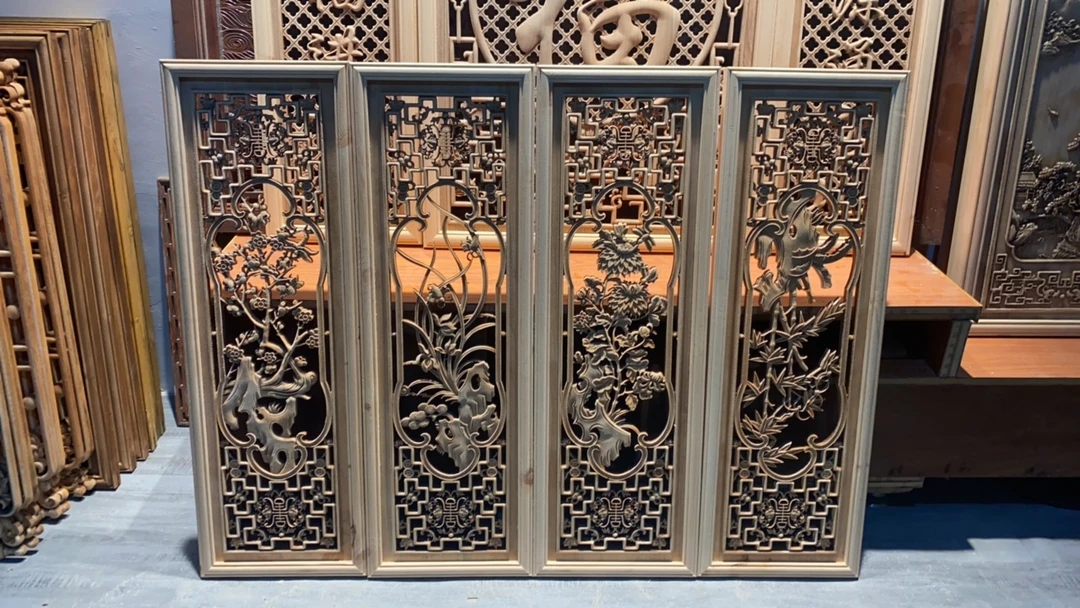 东阳木雕  加框梅兰竹菊香樟木（定制款）95*31