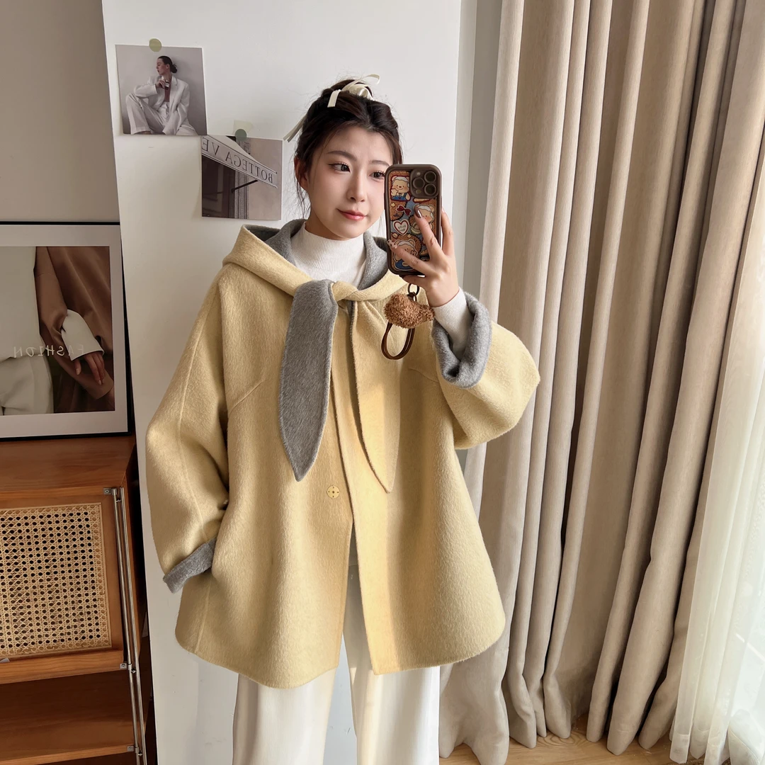 韩版甜美少女 兔耳朵双面羊毛呢大衣外套女中长款小个子宽松大码