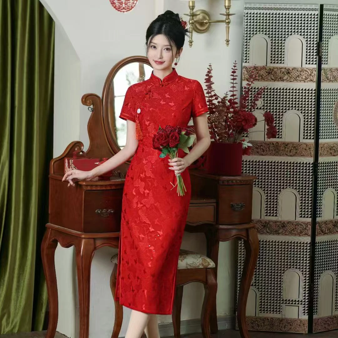 12-鸿运当头夏季新款气质设计师中国风红色优雅中长款旗袍M-5XL