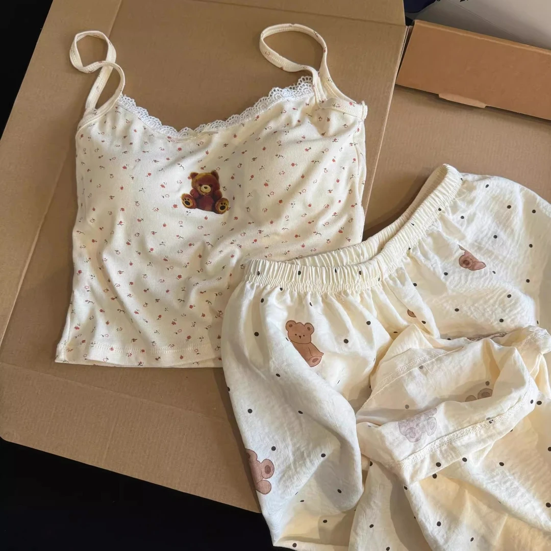 可爱小熊带胸垫吊带睡衣夏天女2025新款纯欲背心长裤家居服两件套