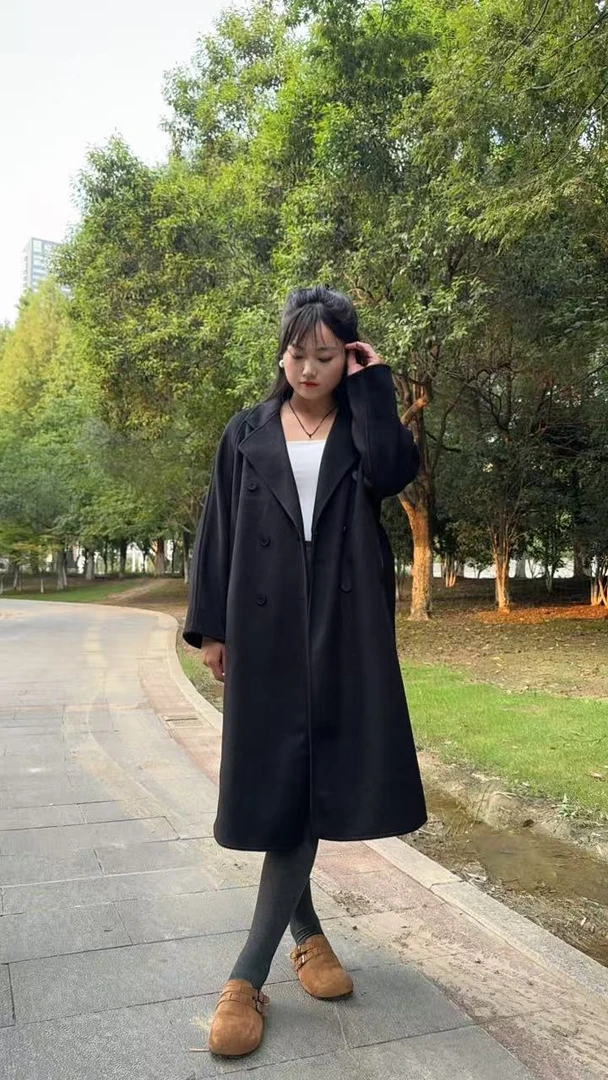 毛呢外套厚款拼接女常规款中长款纯色宽松型秋冬