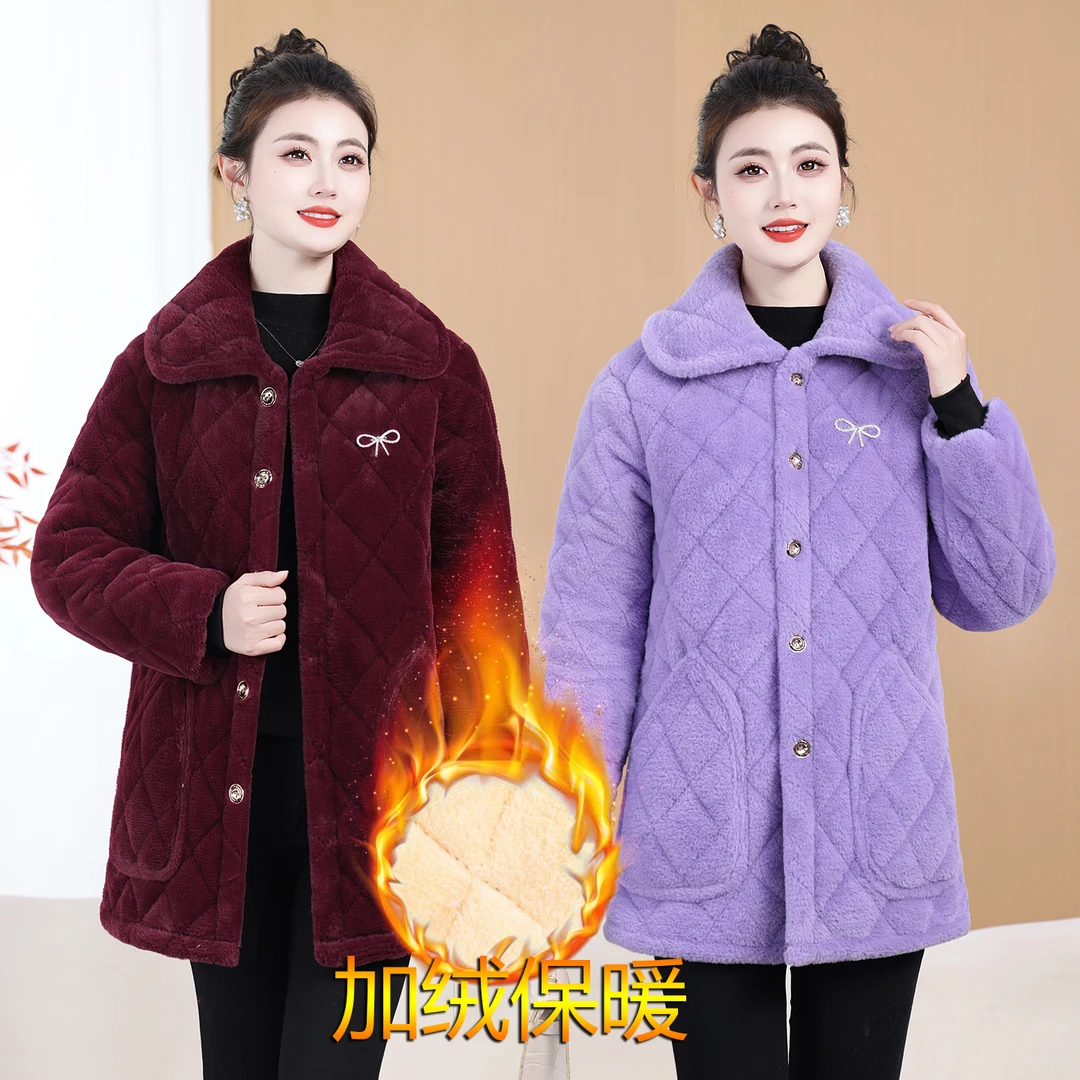 新款中老年人妈妈装秋冬装加绒加厚冬天外套棉衣条绒棉袄上衣罩衣