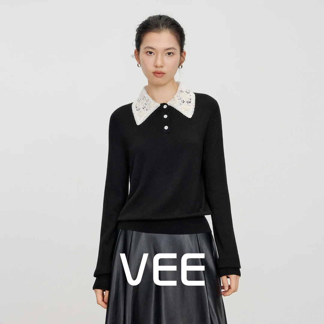 VEE【不败美人】重工刺绣针织衫女2025新蕾丝polo领羊毛混纺上衣