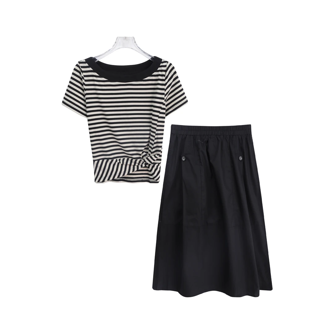 洋气条纹设计感短袖T恤工装风半身裙套装A14570