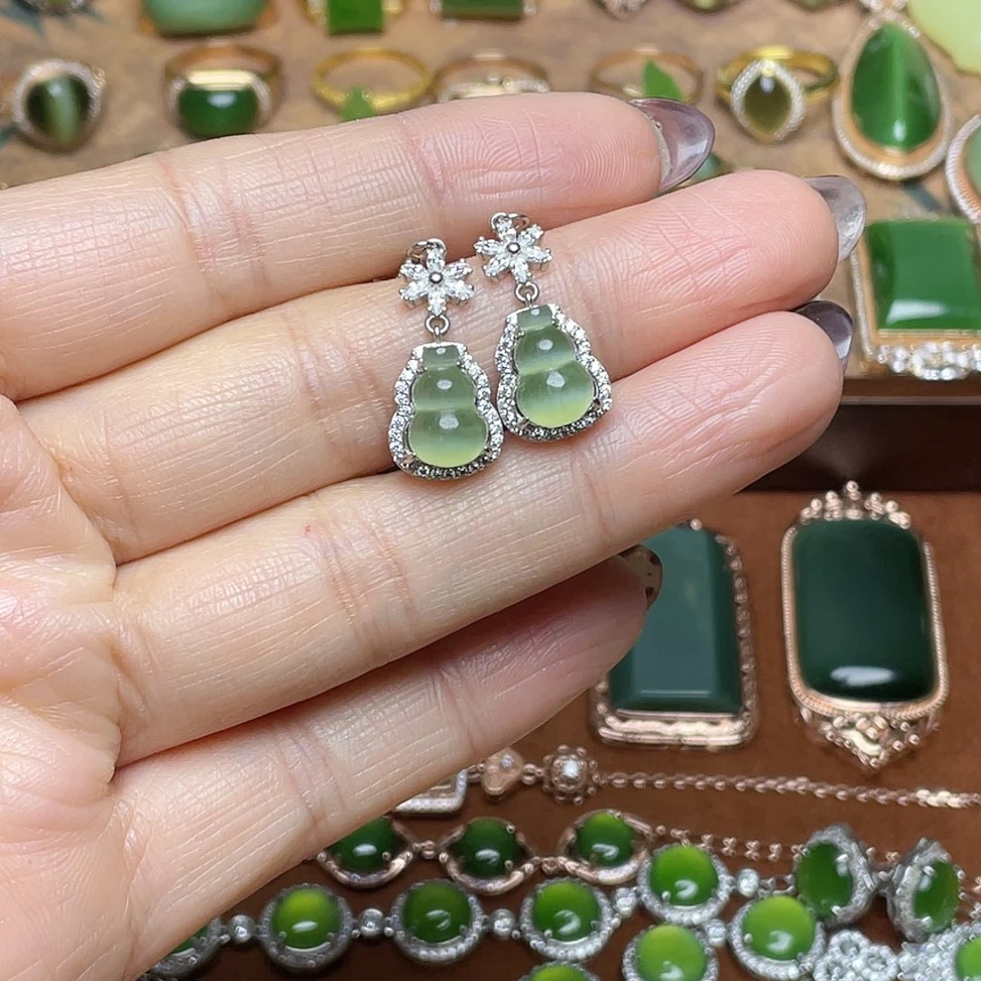 和田玉（碧玉）银S925镶嵌吊坠(不含链)耳环