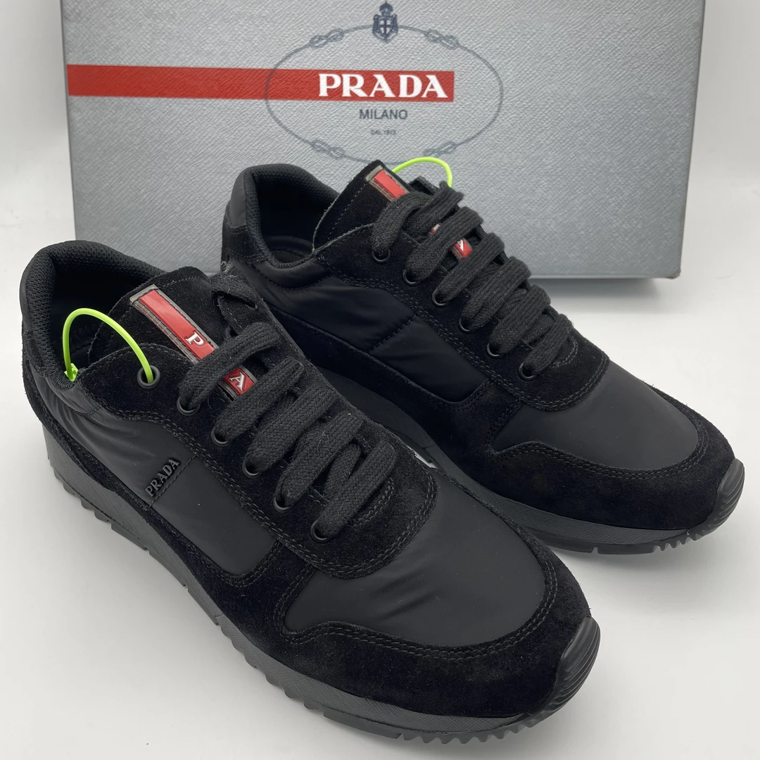 99新 Prada/普拉达 38.5欧码/黑色麂皮尼龙面透气舒适运动鞋/试穿