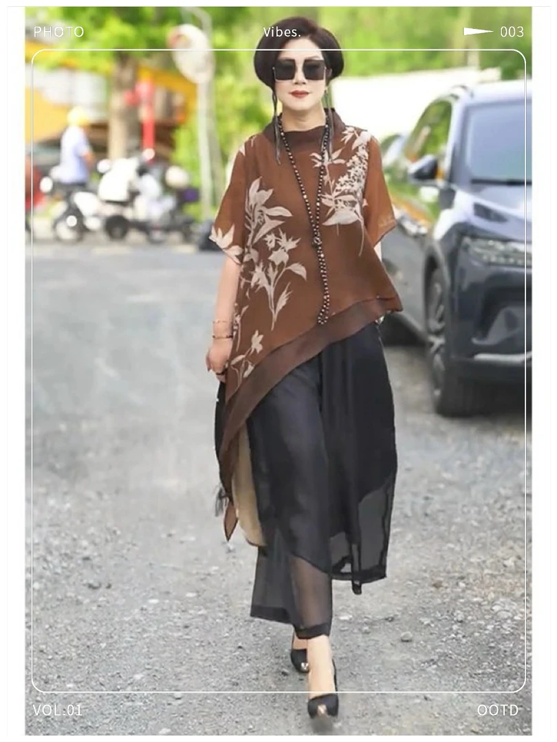 2025夏季新款高级感国风宽松印花不规则上衣高腰别致阔腿裤两件套