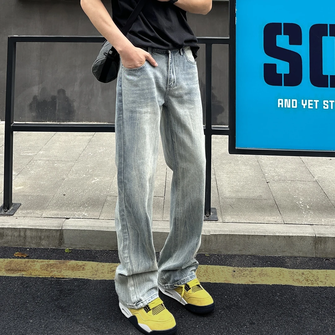 QUALCOMM美式高街竹节纹微喇牛仔裤男秋季cleanfit显瘦百搭拖地裤