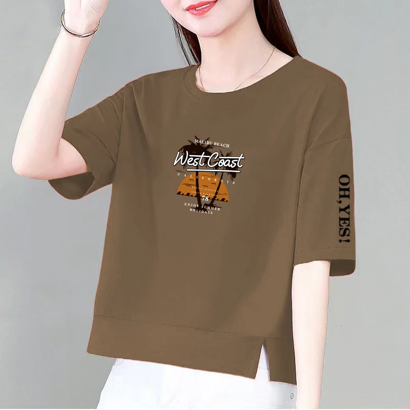 韩版夏宽松纯棉短袖t恤女新款简约复古印花显瘦百搭潮流休闲上衣