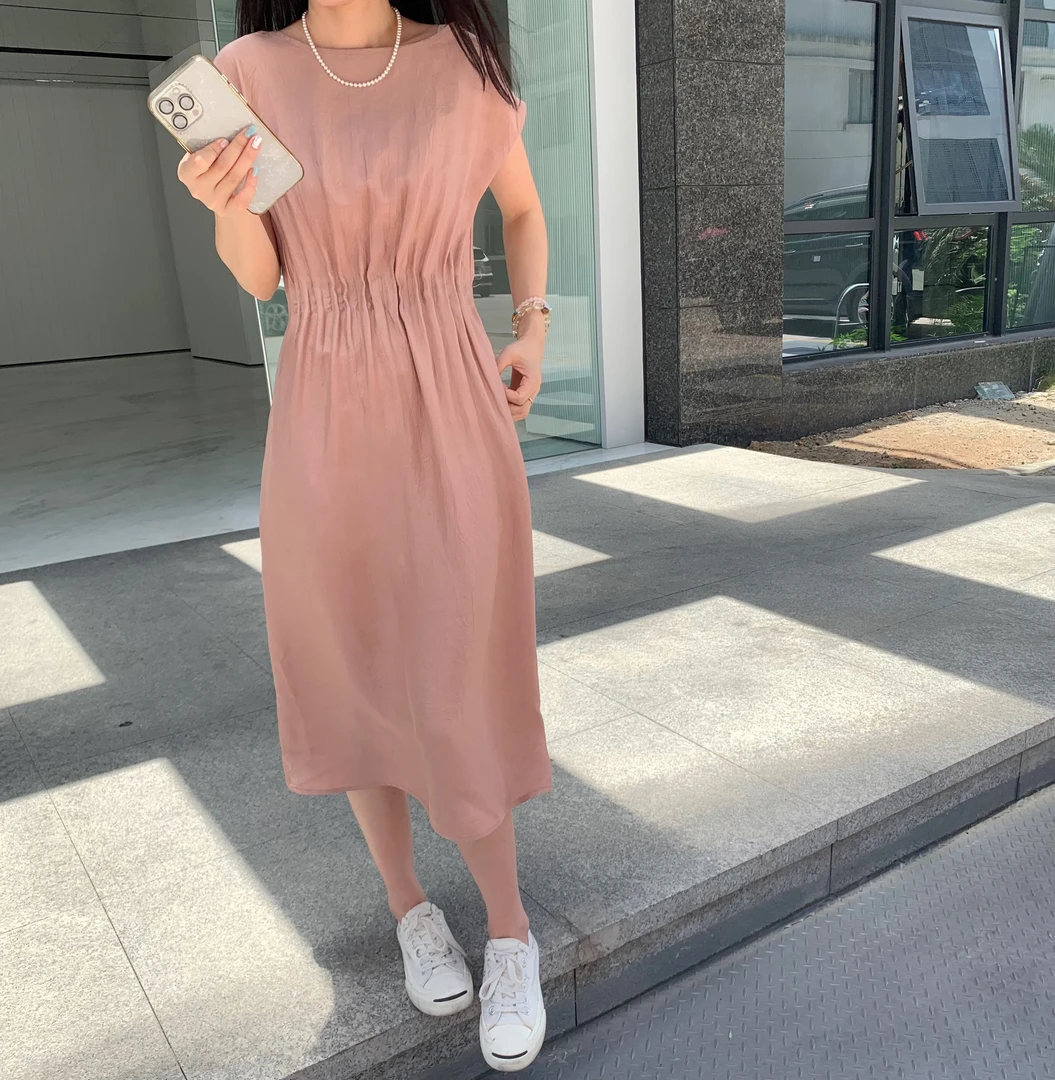 新款醋酸夏季轻奢短袖气质套头高腰连衣纯色收腰显瘦连衣裙LY028