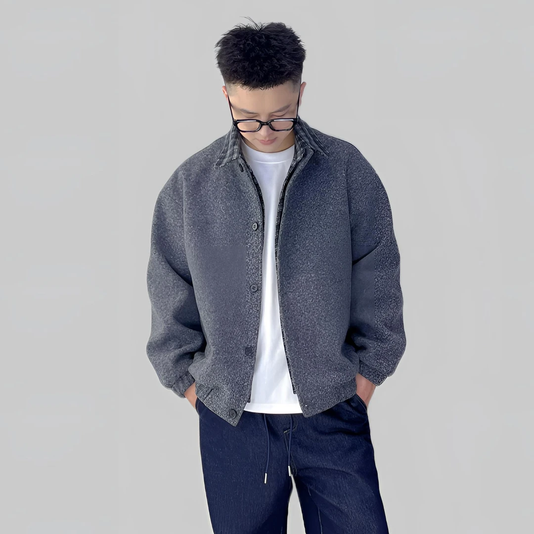 2025年新款羊毛呢子夹克外套假两件秋冬休闲痞帅翻领外套25116