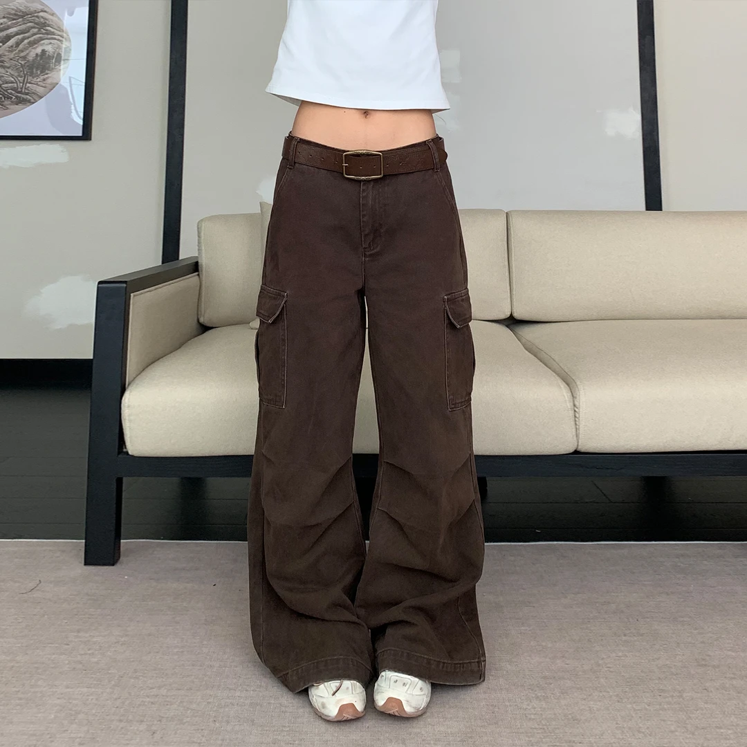 饭饭又饿了褶皱咖色多多口袋工装裤女美式复古宽松遮肉阔腿休闲裤