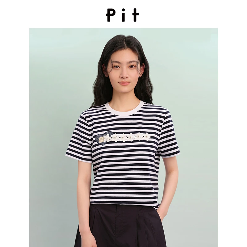 PIT条纹拼色刺绣圆领短袖T恤女2025夏新款修身透气休闲半袖上衣