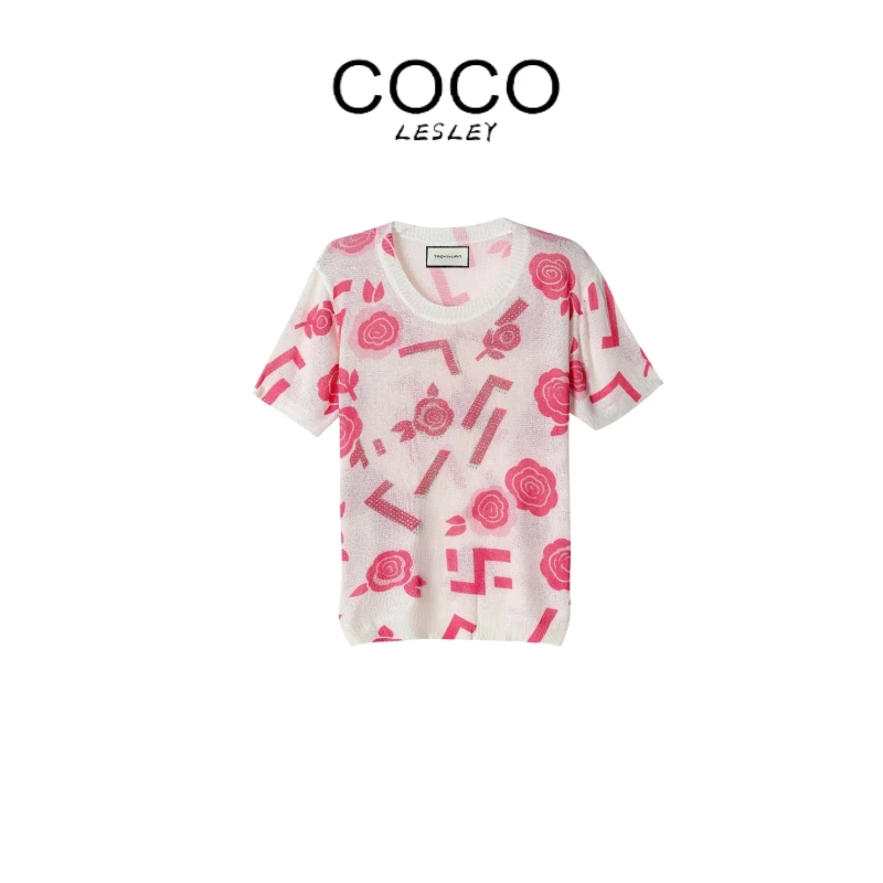 【COCO LESLEY】轻奢重工短袖镶钻印染山茶花朵薄款毛衣针织套头
