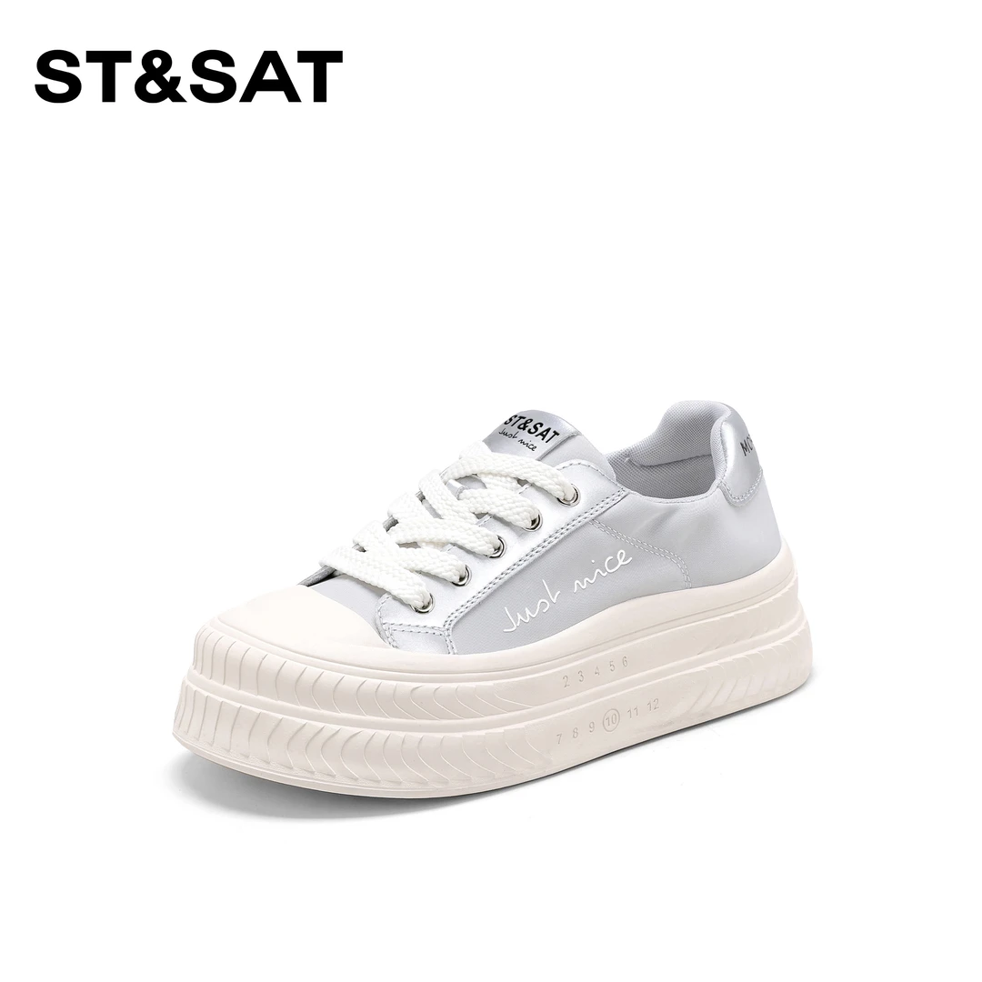 St&Sat/星期六百搭气质纯色休闲鞋女2025学院风增高系带平底板鞋