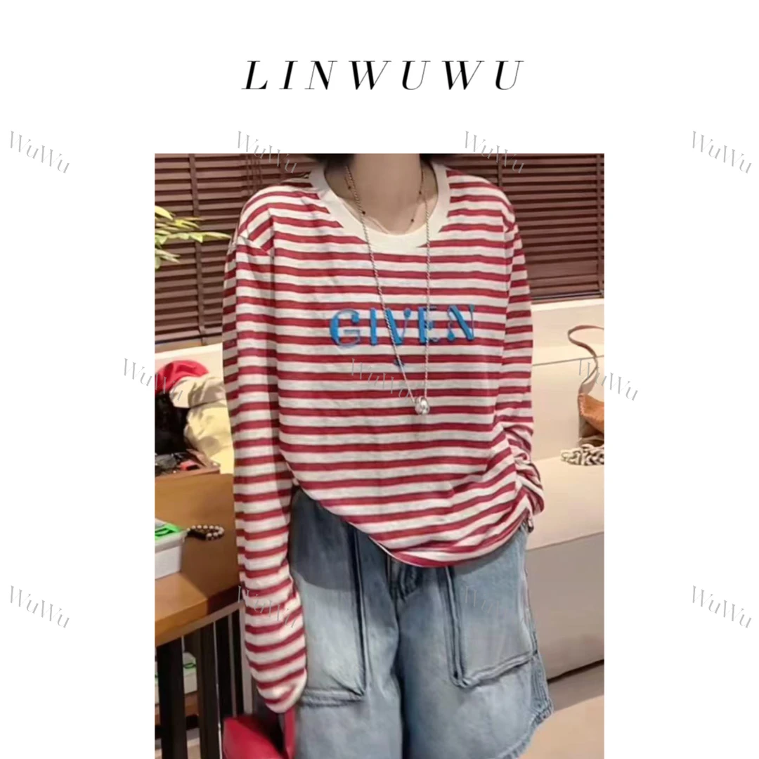 【五五定制】2025新款—夏季时尚圆领长袖刺绣字母条纹针织T恤3230