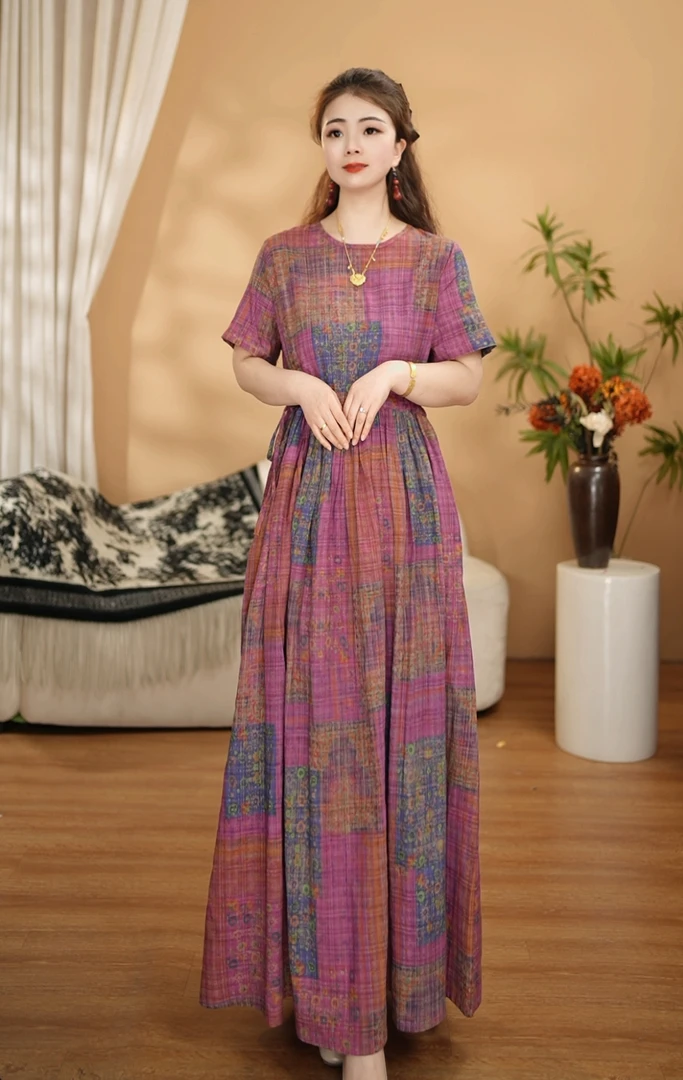 莫奈花园】夏季新款高档印花宽松收腰显瘦大裙摆连衣裙长裙3054