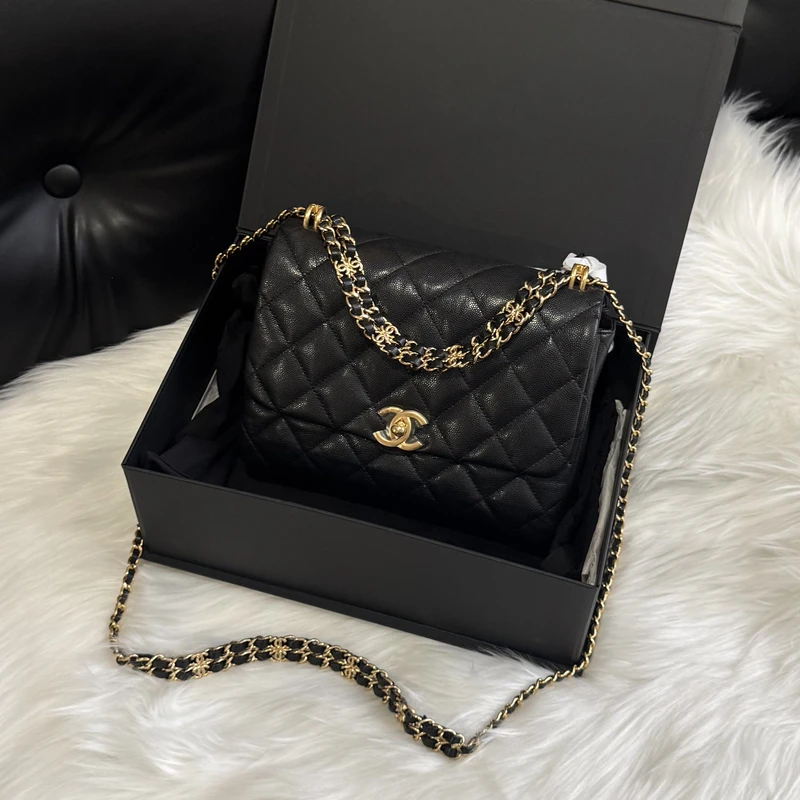 未使用 Chanel/香奈儿 壹所奢品/22K双链条方胖子黑金荔枝皮 闲置