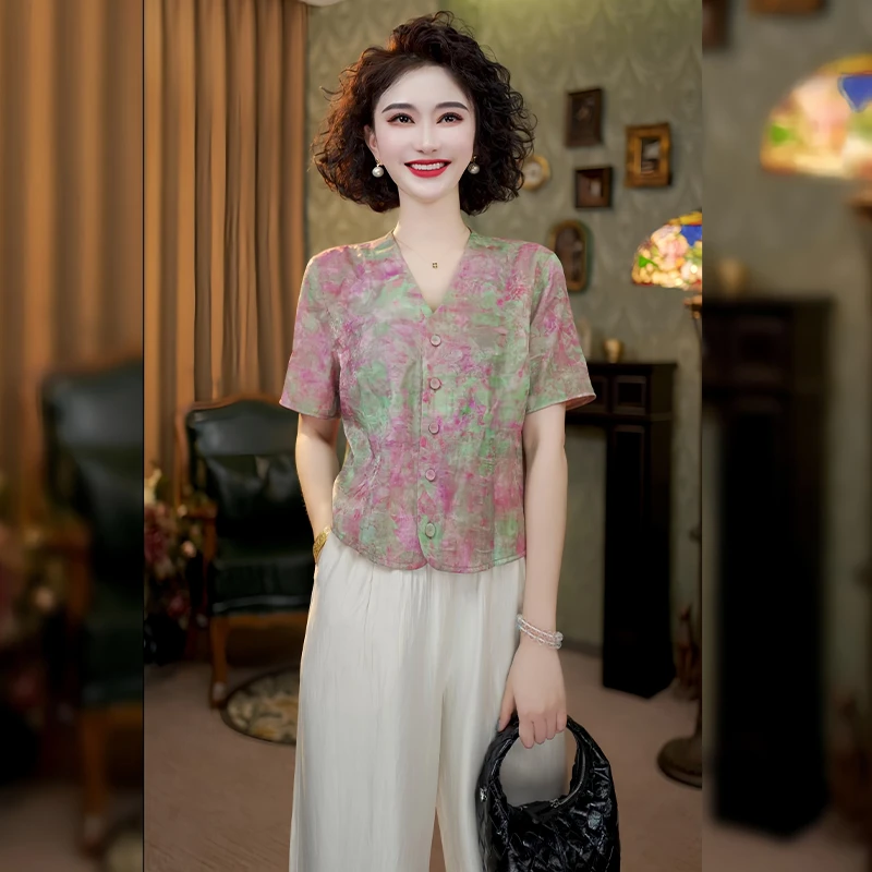 新中式国风休闲套装女2025夏季新款减龄气质短袖上衣阔腿裤两件套