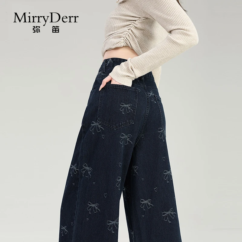 MirryDerr/弥笛蝴蝶结刺绣深蓝色牛仔裤女2025秋季新款高腰直筒裤